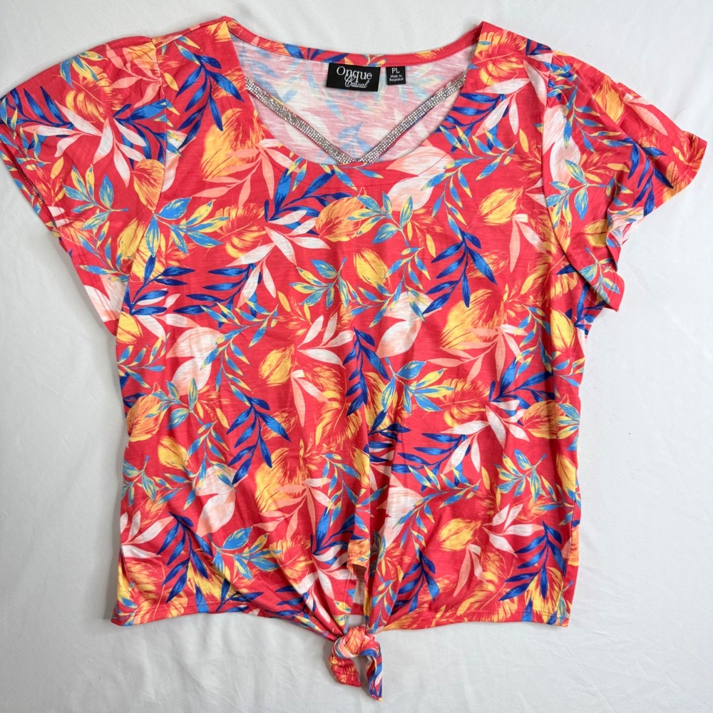 Onque Casual Red Tropical Floral Rhinestone Tie Front Top Petite Large PL